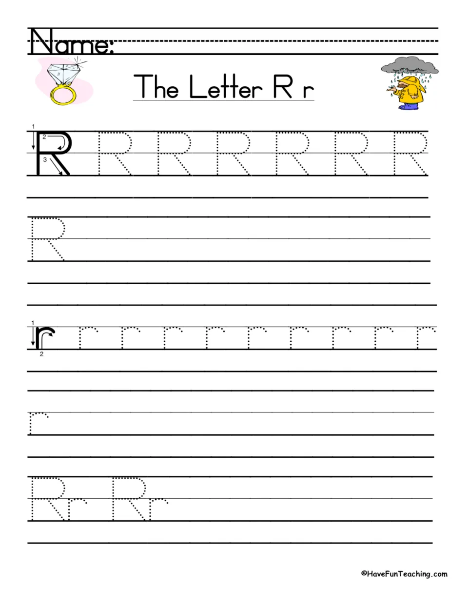 R and r review: students trace and write uppercase R and lowercase r, then trace the Rr letter pair on the last row