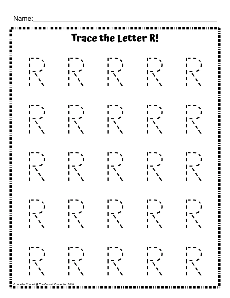 Trace the Letter R: students trace 25 dashed uppercase R letters in five rows to practise forming the capital R