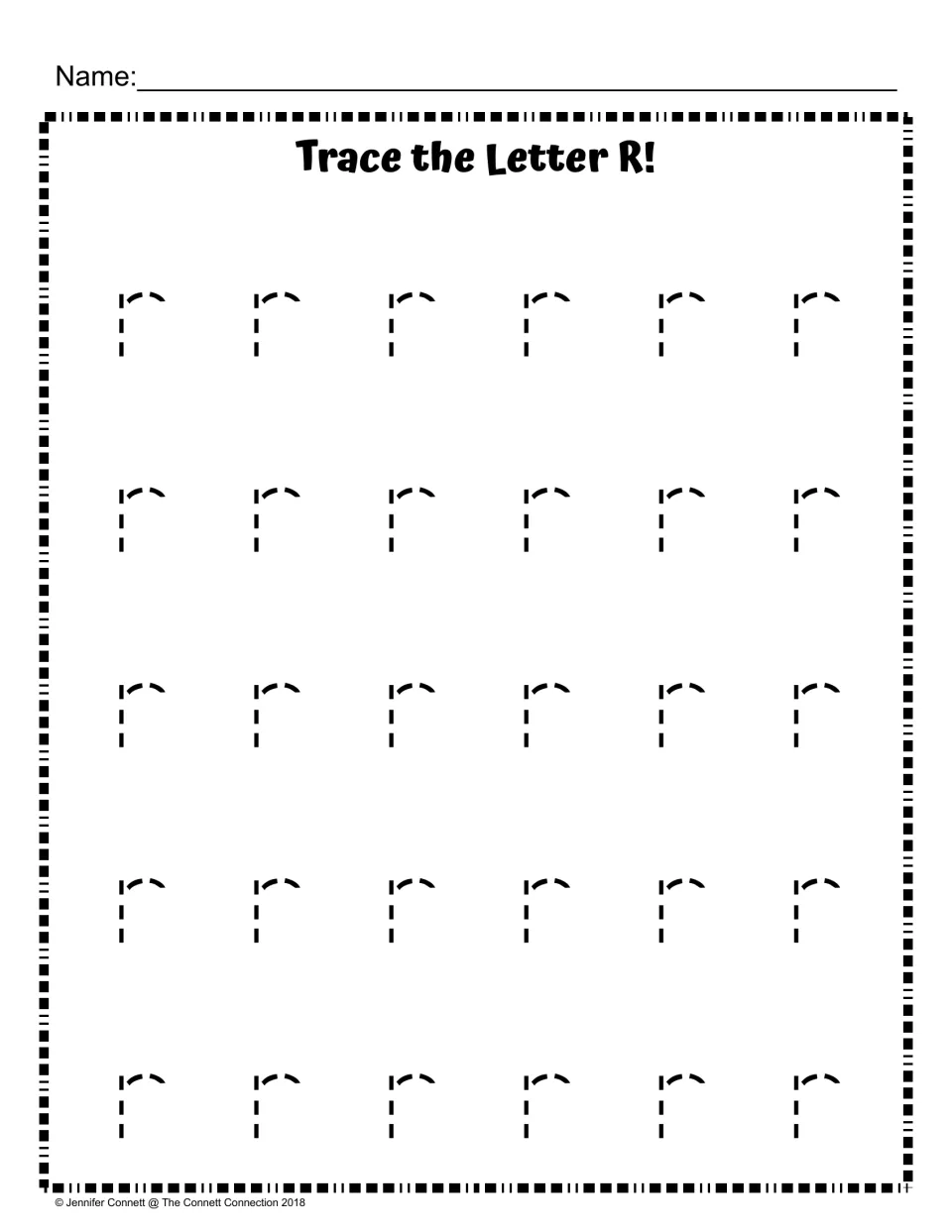 Lowercase r tracing: students trace 30 dashed lowercase r letters in five rows of six to practise forming small r