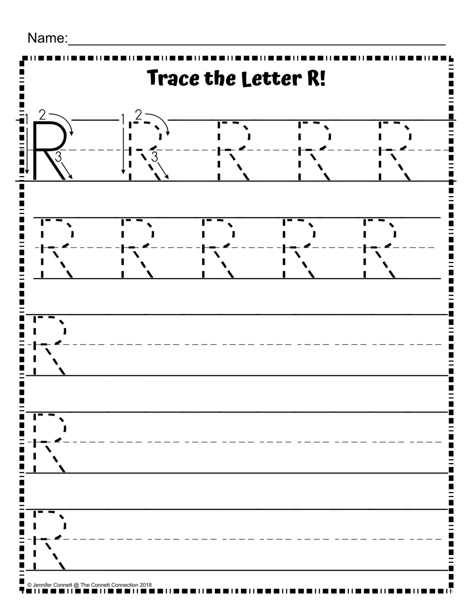 Capital R handwriting practice: a numbered stroke model, then traced R rows and rows starting with one R to copy alone