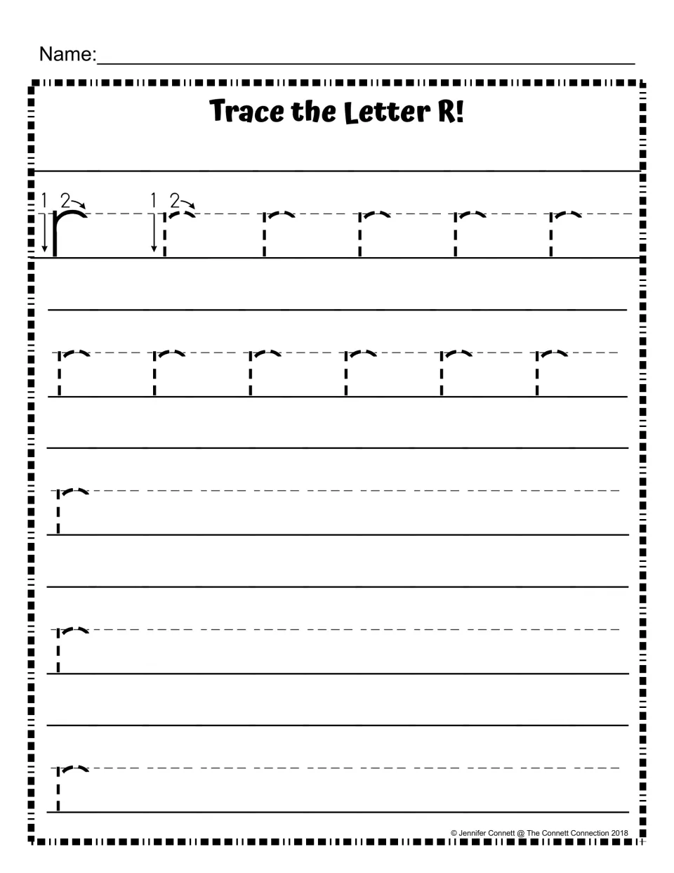 Lowercase r handwriting practice: a two-stroke model, then rows of dashed r to trace and rows with one r to continue