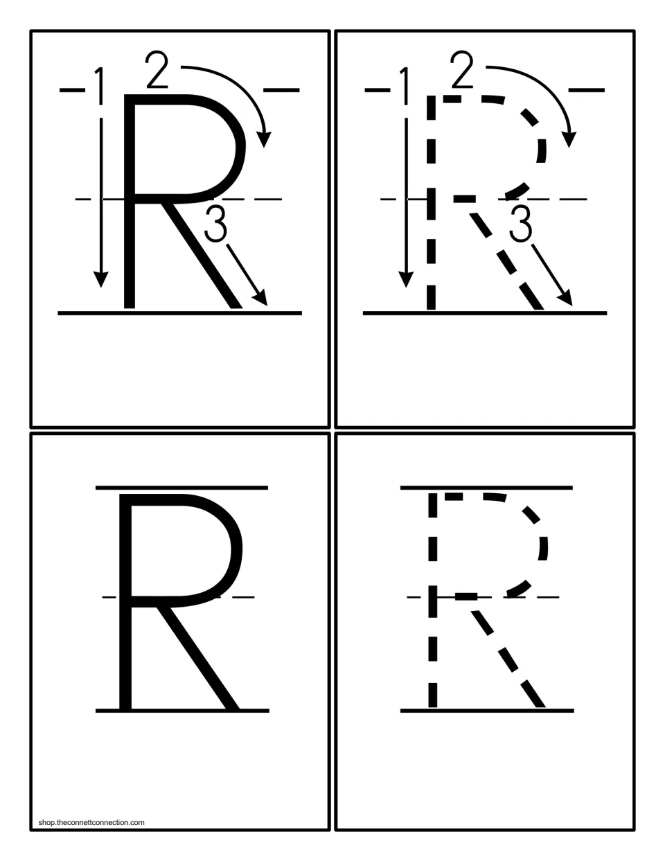 Uppercase R formation cards: four cards show R with numbered stroke arrows, a dashed version, a solid R and a dashed R
