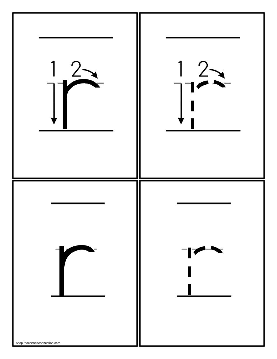 Lowercase r formation cards: four cards show r with stroke 1 and 2 arrows, a dashed version, a solid r and a dashed r