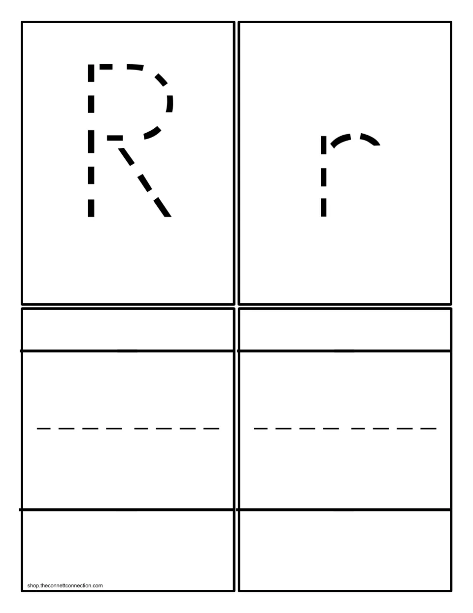 Letter R tracing and writing cards: dashed capital R and lowercase r cards plus two blank cards for writing the letter