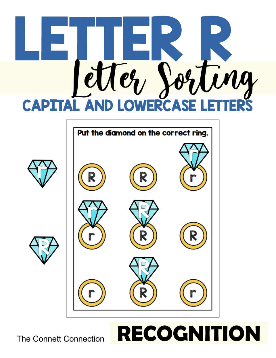 Letter R sorting cover for capital and lowercase letters, showing R and r diamonds placed on matching letter rings