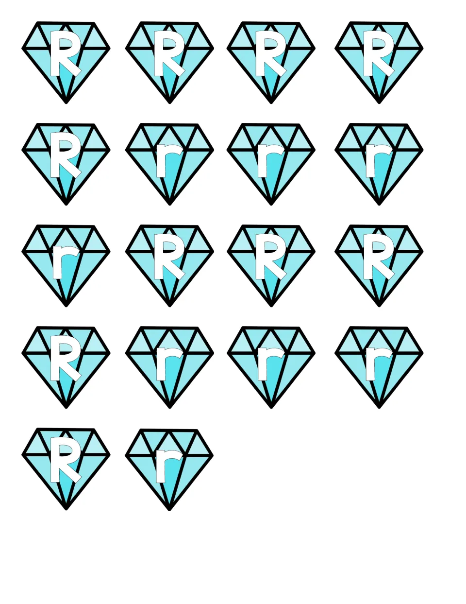 Diamond cut-out pieces for letter R: 18 blue diamonds, 10 marked with capital R and 8 with lowercase r, to cut and sort