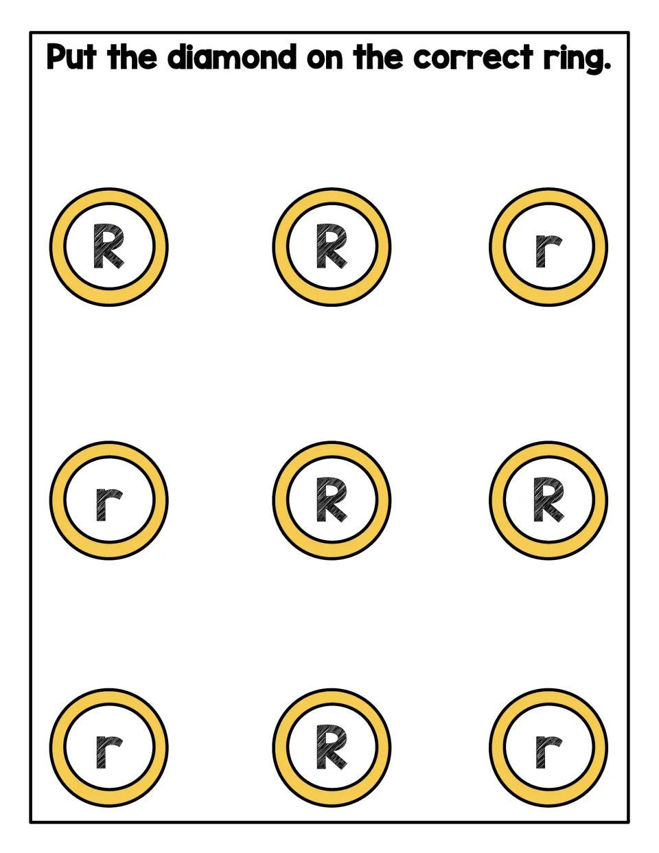 Capital and lowercase R matching: students put each diamond on the ring with the same letter form, R or r, across 9 rings