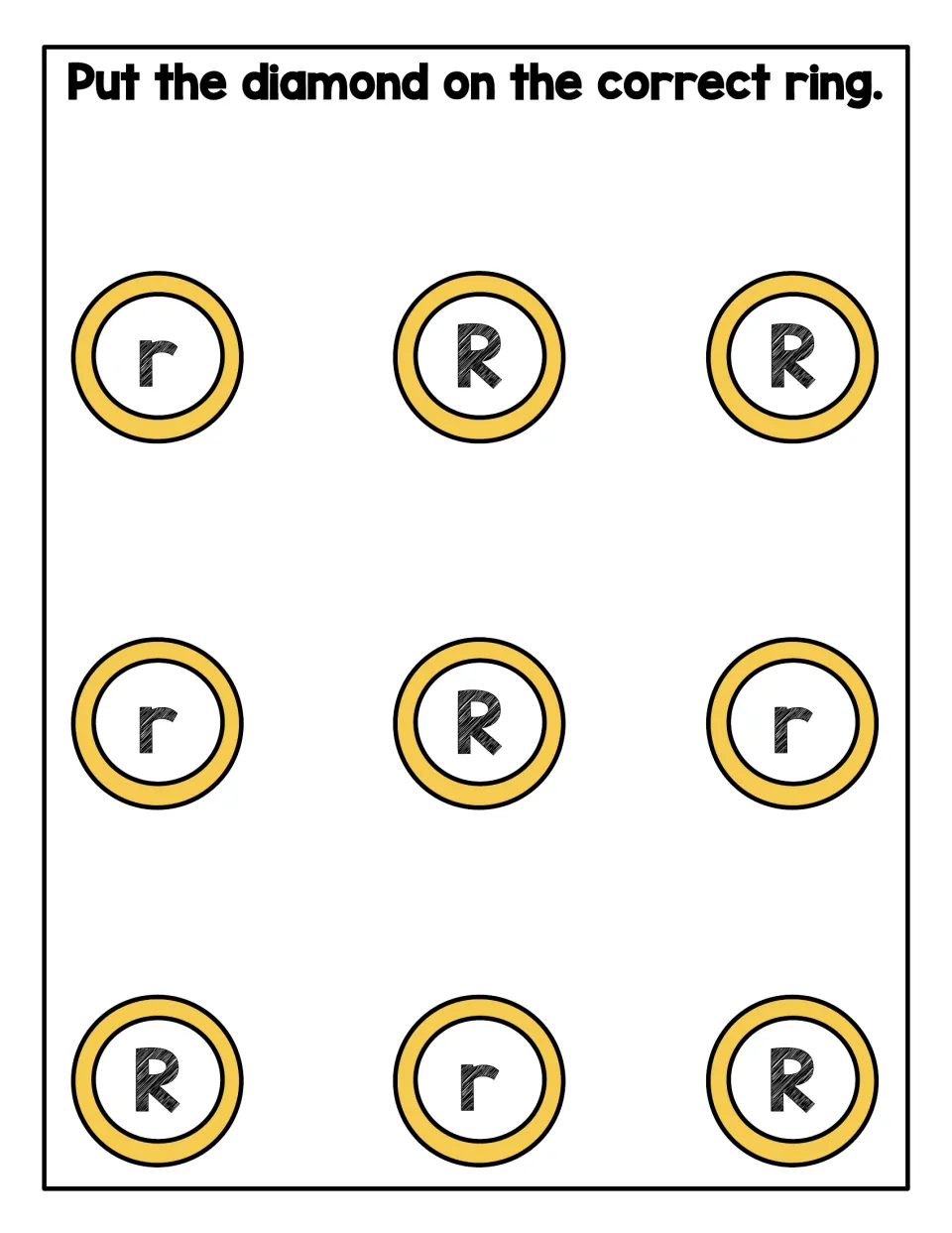 Second letter R mat: students place diamonds on 9 rings in a new mix of R and r to practise telling capital from lowercase