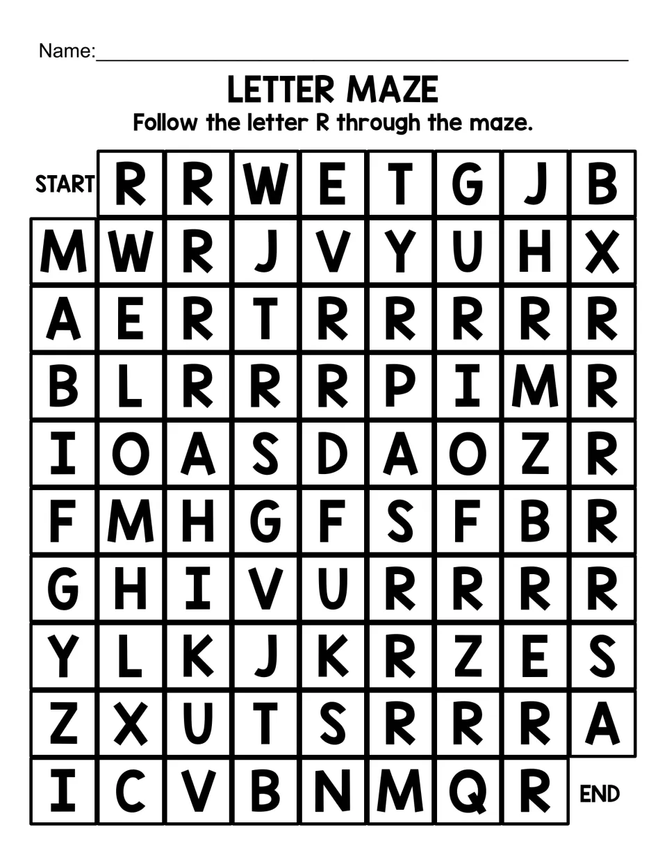 Uppercase R letter maze: students follow a long winding path of capital R letters from START to END among mixed letters