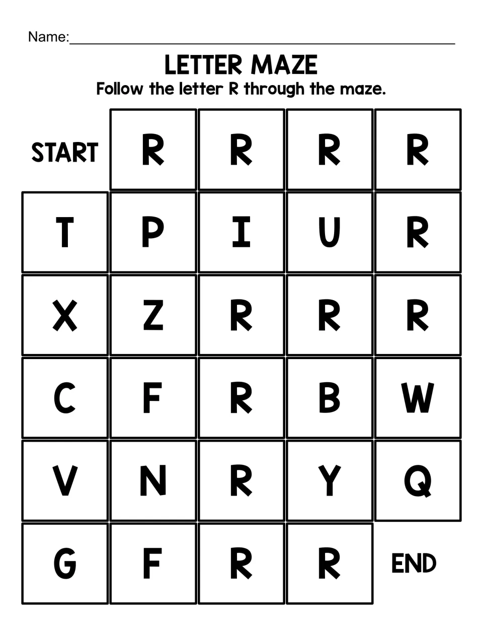 Uppercase R maze, short version: students trace a path of large capital R letters from START to END past T, Z, B and Q