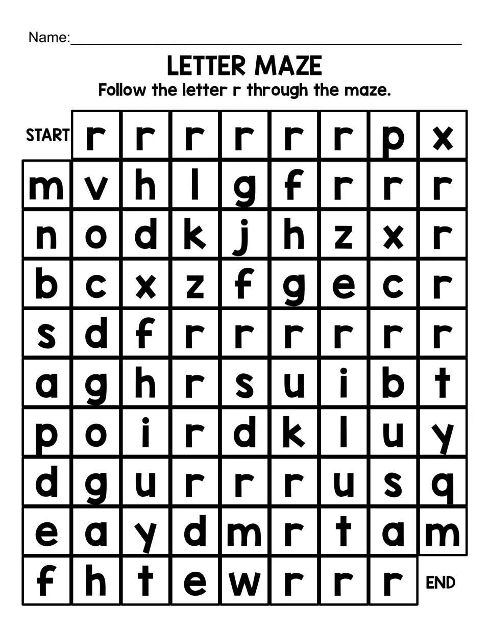 Lowercase r letter maze: students follow a long path of small r letters from START to END, telling r apart from n, h and m