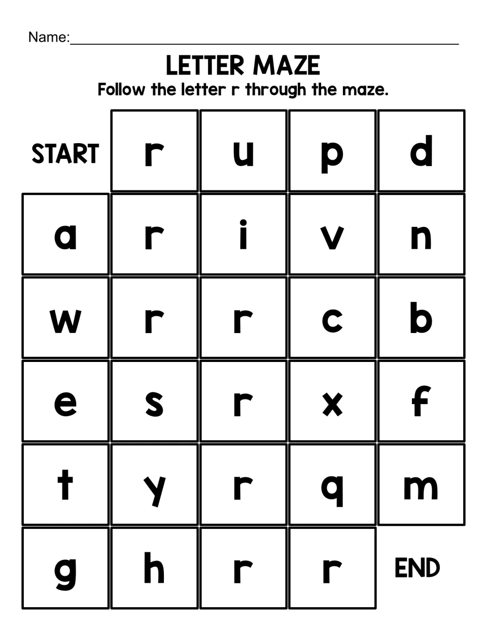 Lowercase r maze, short version: students trace a path of lowercase r letters from START down to END past u, s and q