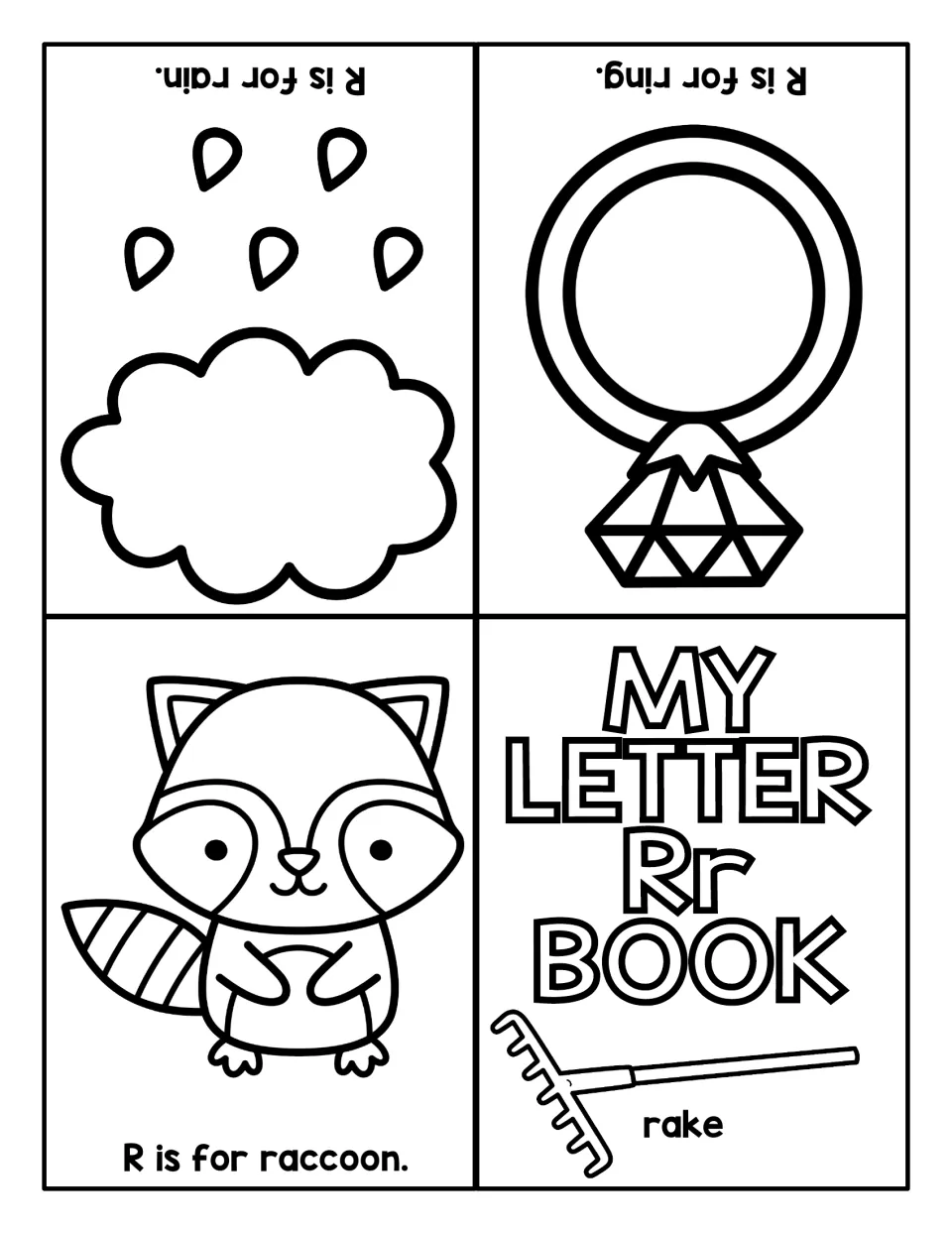 Letter Rr fold-up book to color: rake on the cover, then R is for raccoon, ring and rain pages for R sound practice
