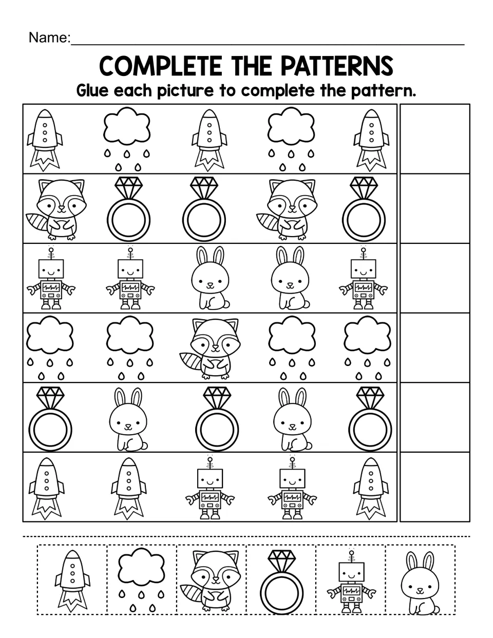 Complete the patterns: students cut out rocket, cloud, raccoon, ring, robot and bunny pictures to finish 6 rows