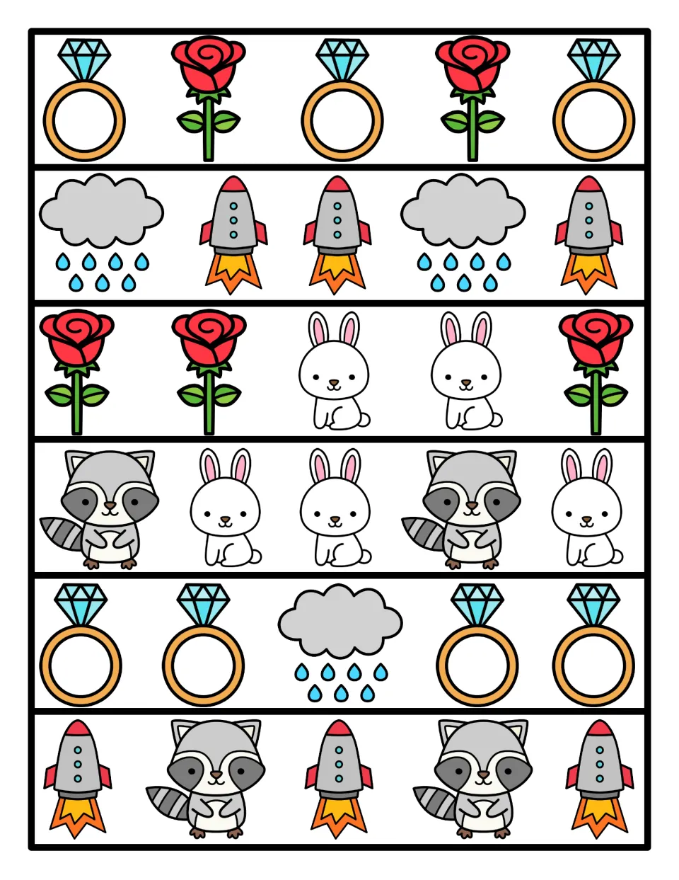 Color pattern strips: six rows of five rings, roses, clouds, rockets, bunnies and raccoons in repeating order