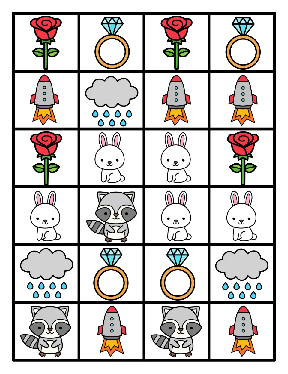 Color picture cards: 24 cut-apart roses, rings, rockets, rain clouds, bunnies and raccoons for building patterns