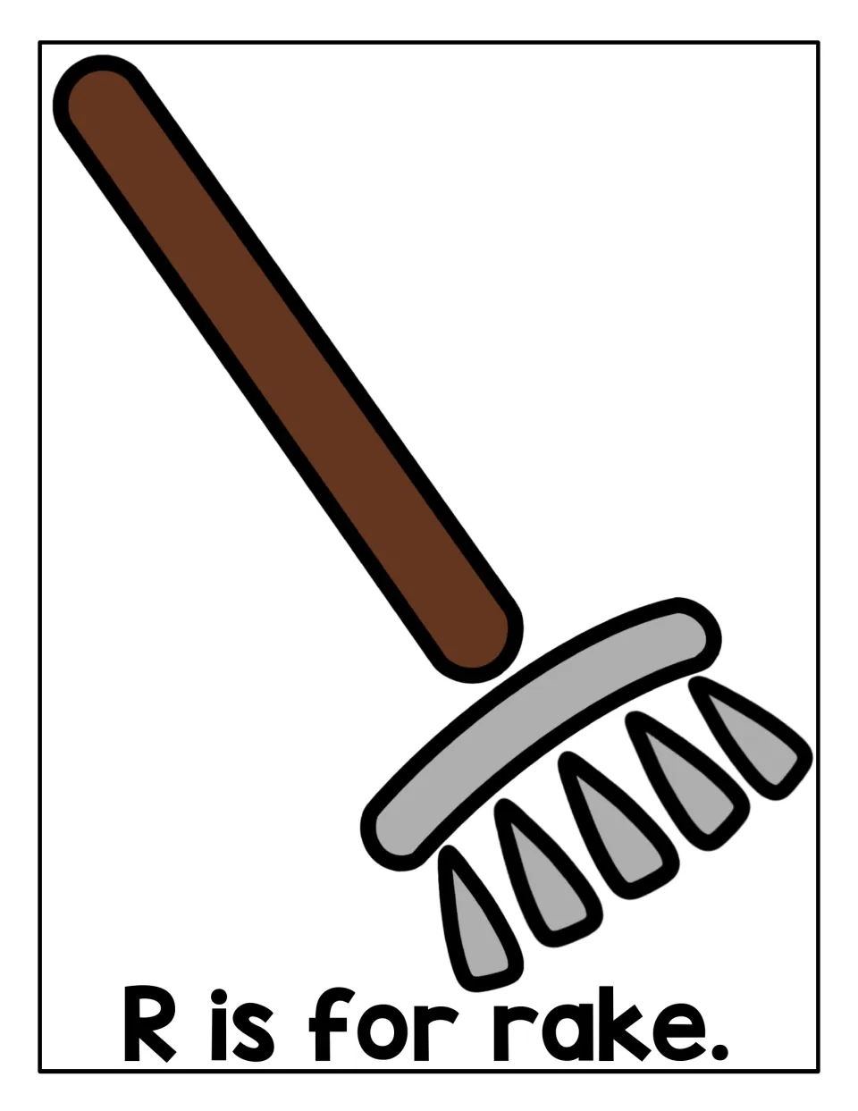 Letter R mat for rake: students press playdough into the rake's handle and tines above the sentence R is for rake.