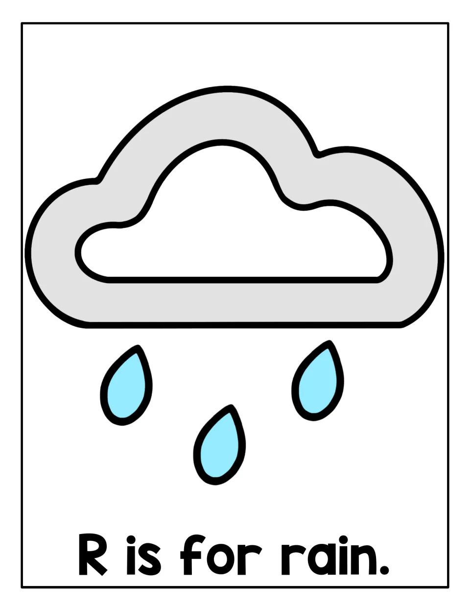 R is for rain mat: children roll dough to fill a gray cloud outline and three light blue raindrops falling below it