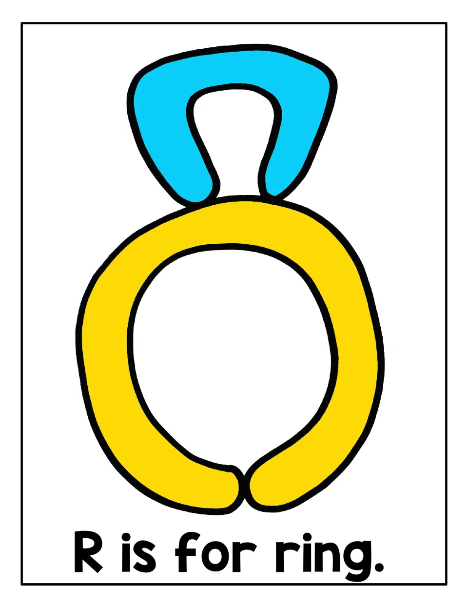 Ring mat for letter R: learners shape dough along a yellow band and blue gem outline above the line R is for ring.