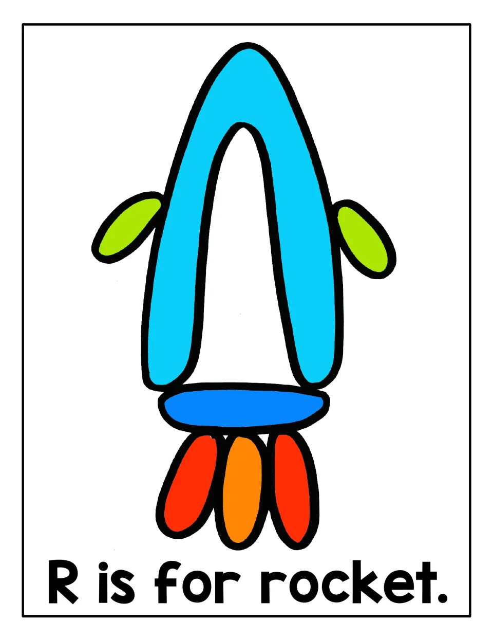 R is for rocket: kids fill a blue rocket body, green fins and red and orange flames with dough on this space mat