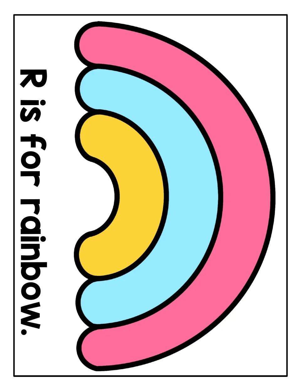 Rainbow mat, printed sideways: students roll pink, light blue and yellow dough arcs beside the sentence R is for rainbow.