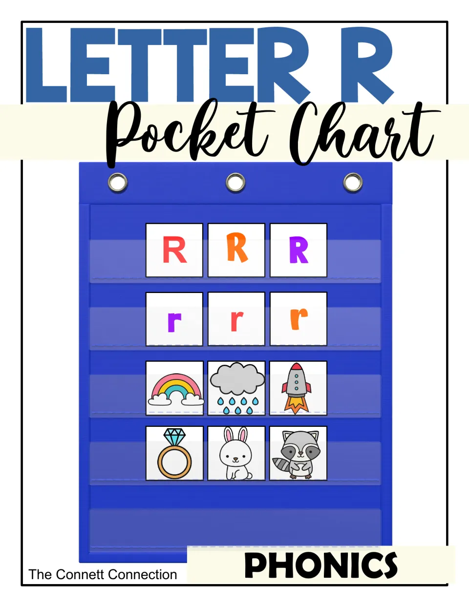 Letter R phonics cover: pocket chart holding R and r letter cards plus rainbow, rain, rocket and raccoon picture cards