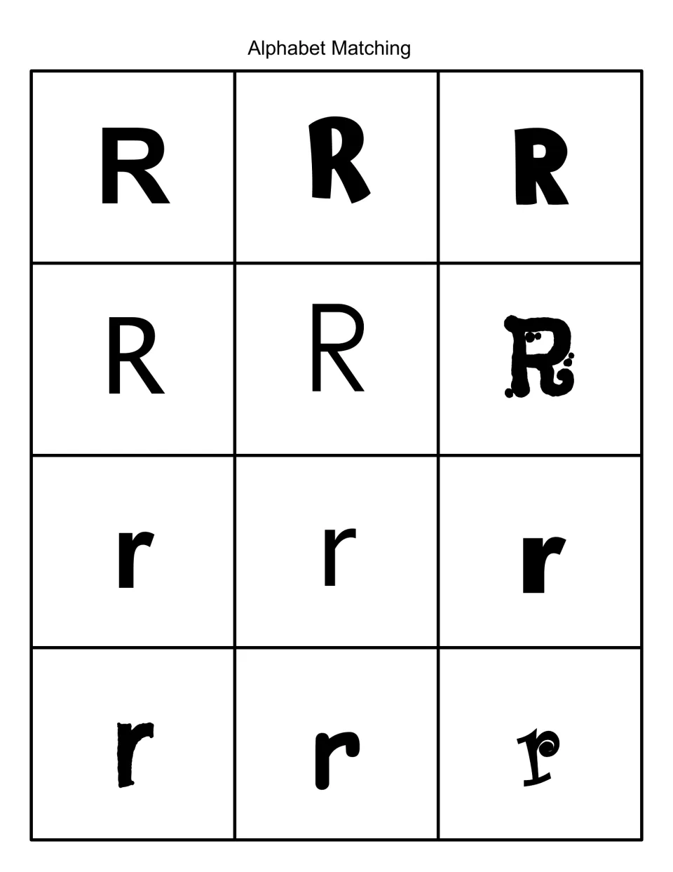 Alphabet matching, letter R: 12 black-and-white cards of uppercase R and lowercase r in varied fonts to sort and match