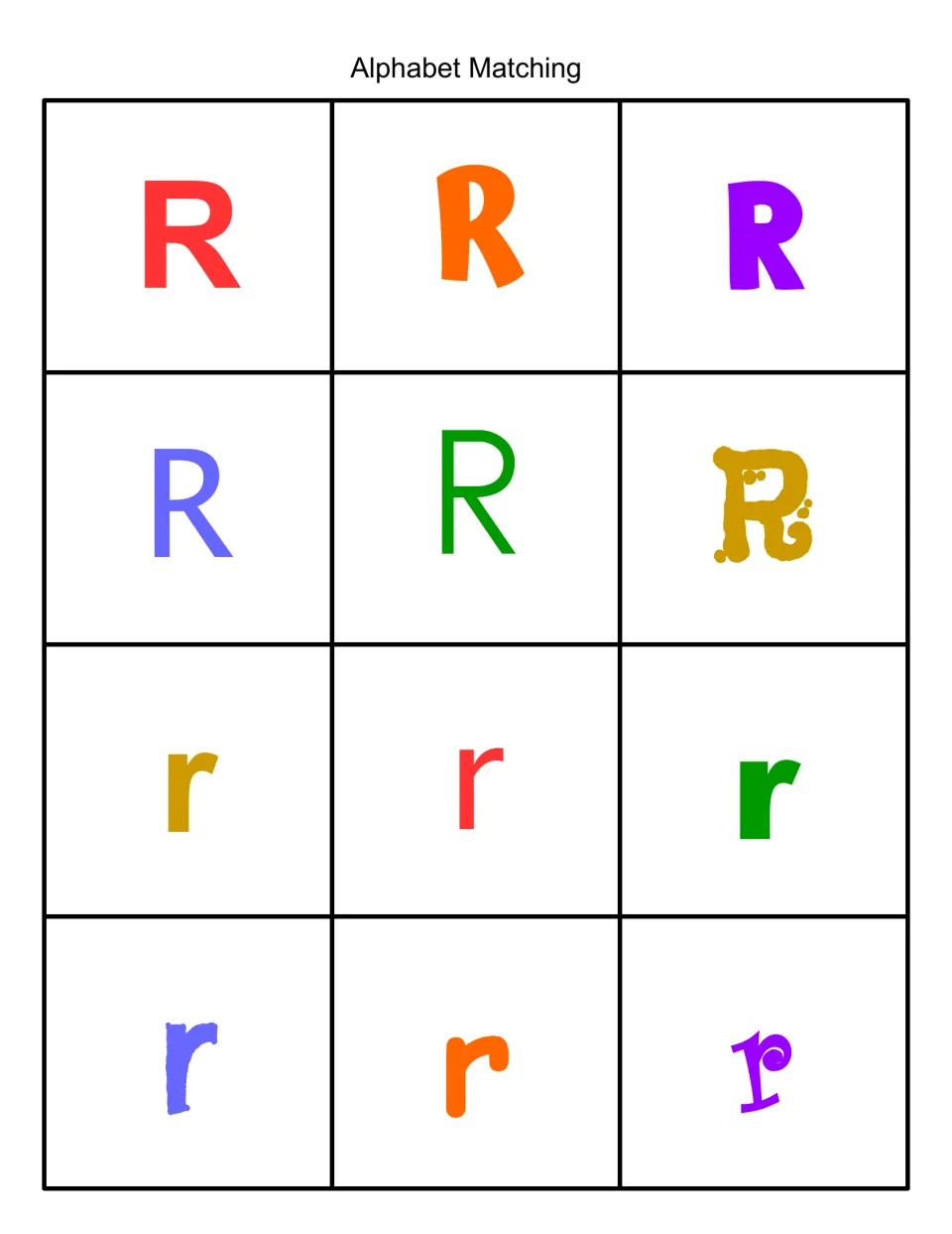 Color alphabet matching cards: six uppercase R and six lowercase r in red, orange, purple, blue, green and gold fonts