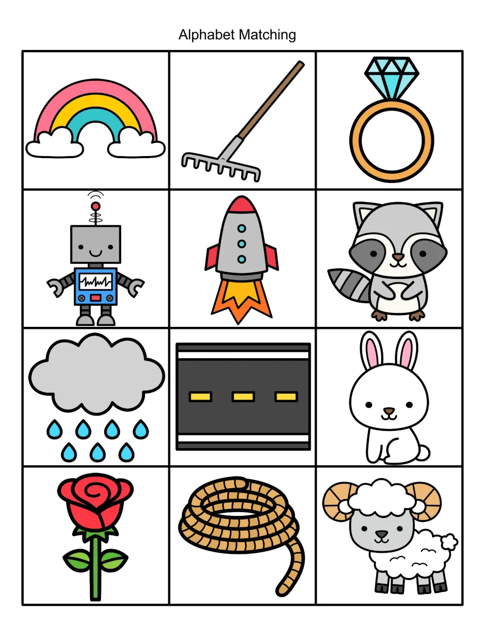R beginning-sound picture cards: rainbow, rake, ring, robot, rocket, raccoon, rain, road, rabbit, rose, rope and ram