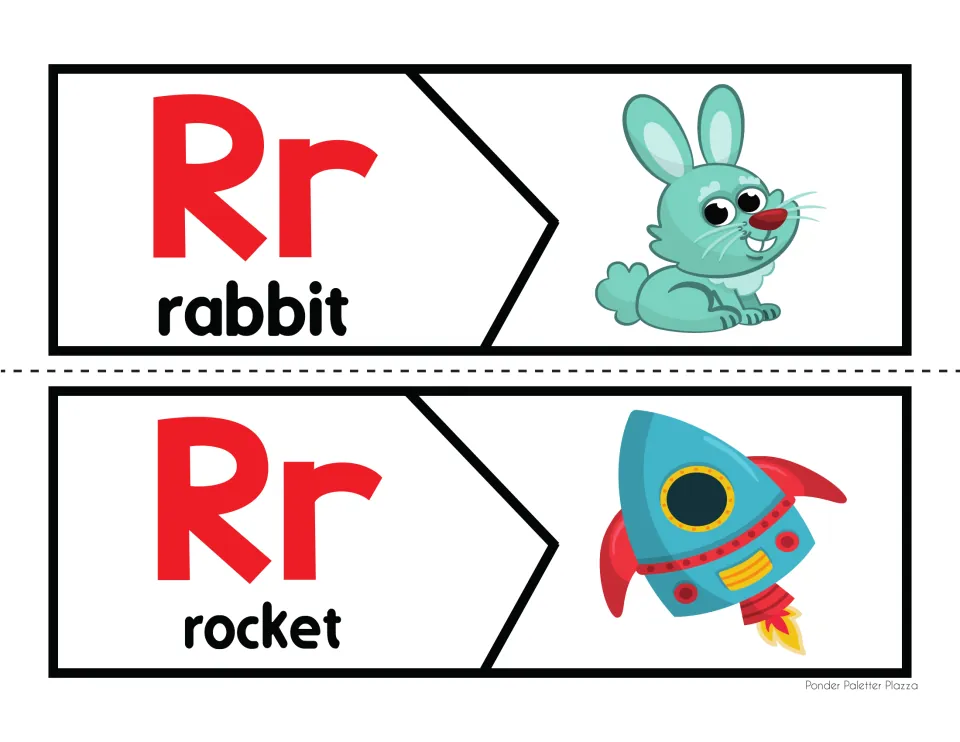 Letter R beginning-sound puzzles 1–2 of 6: uppercase and lowercase Rr, rabbit and rocket words and pictures.