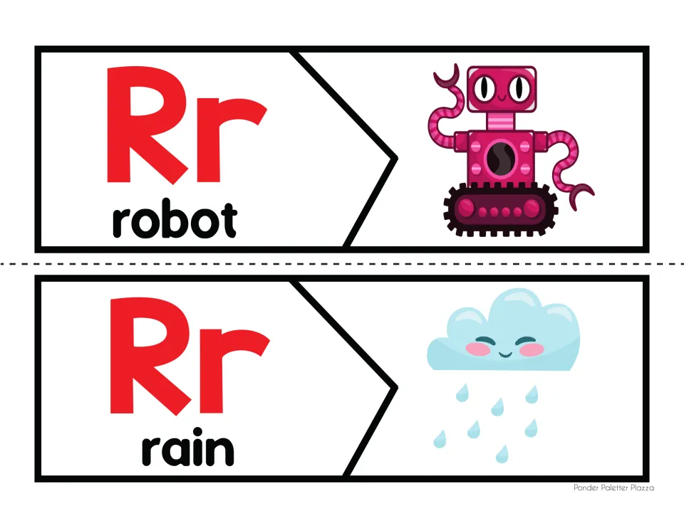 Letter R beginning-sound puzzles 3–4 of 6: uppercase and lowercase Rr, robot and rain words and pictures.