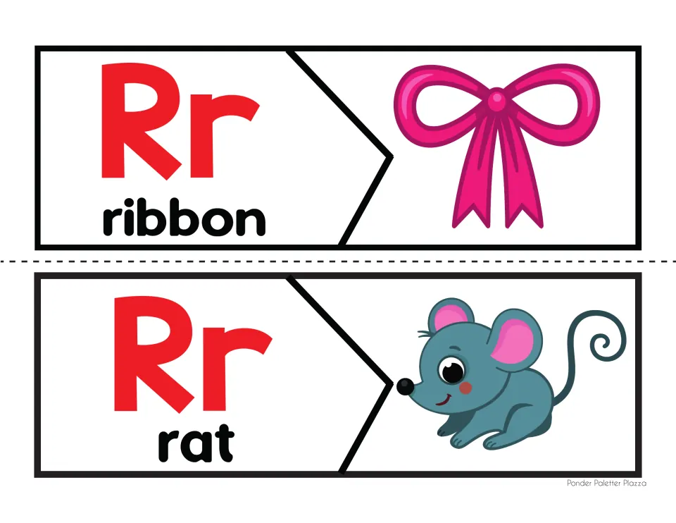 Letter R beginning-sound puzzles 5–6 of 6: uppercase and lowercase Rr, ribbon and rat words and pictures.