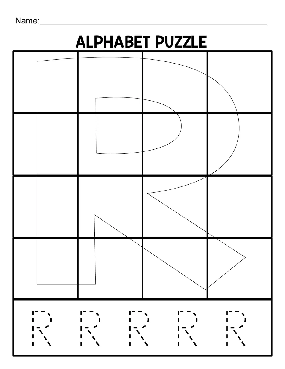 Uppercase R puzzle mat for matching 16 cut-out pieces, with five dotted capital R letters to trace below