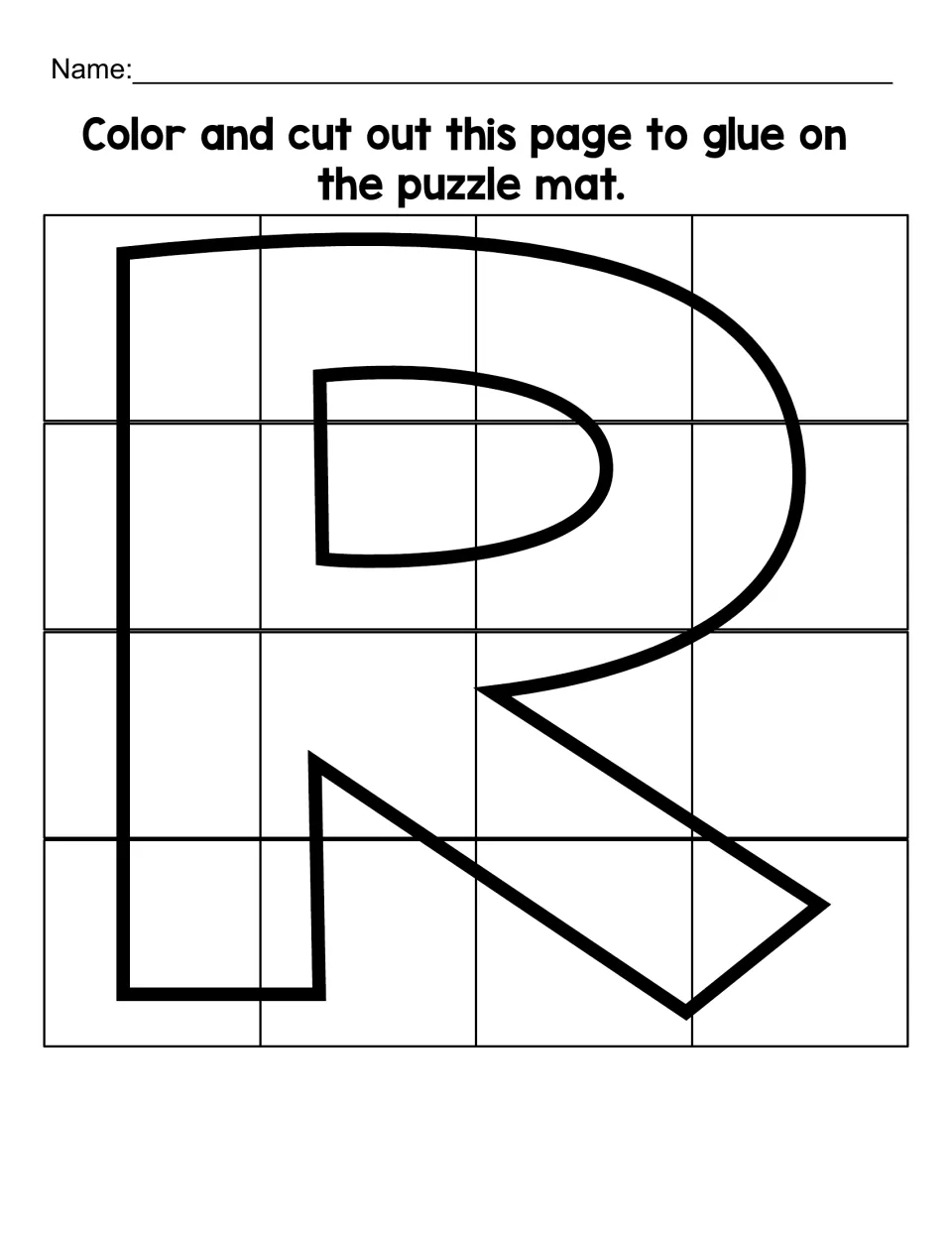 Uppercase R puzzle cutting sheet with 16 pieces to color, cut out, and glue onto the matching letter mat