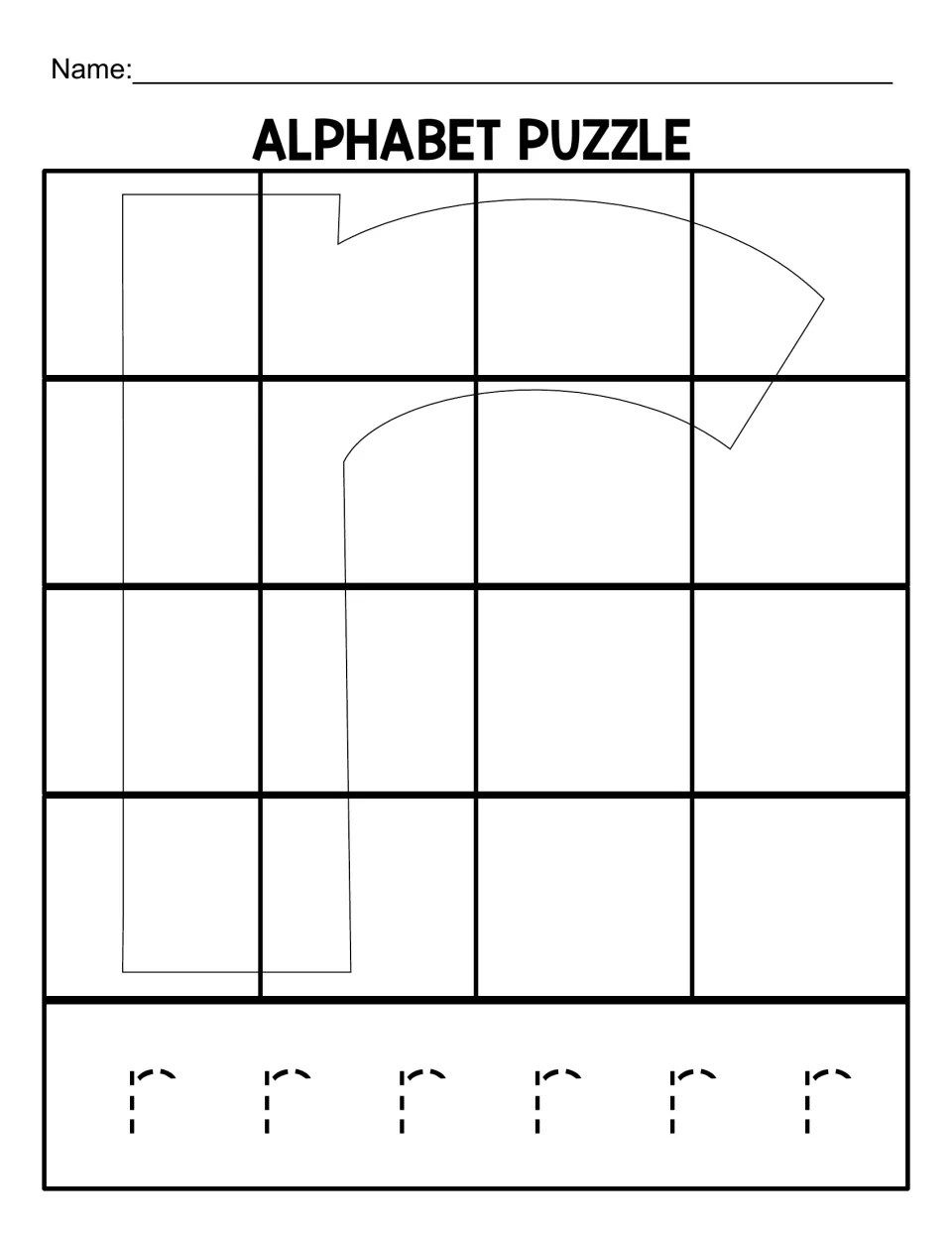 Lowercase r puzzle mat for matching 16 cut-out pieces, with six dotted lowercase r letters to trace below