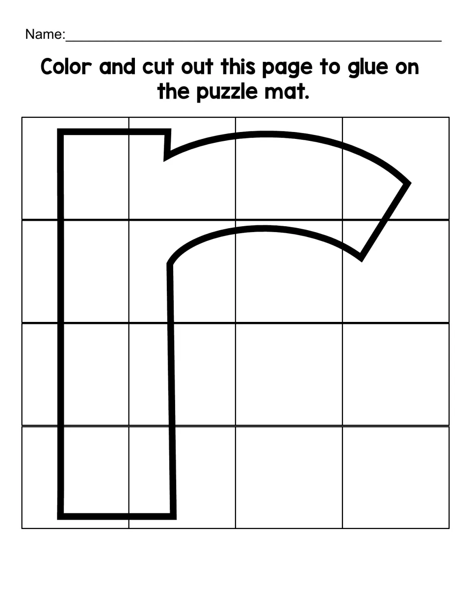 Lowercase r puzzle cutting sheet with 16 pieces to color, cut out, and glue onto the matching letter mat