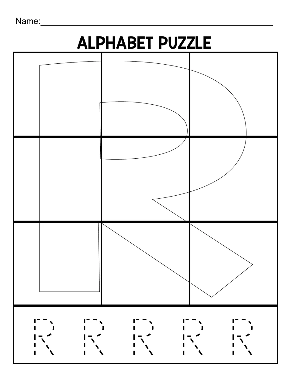 Uppercase R puzzle mat for matching nine cut-out pieces, with five dotted capital R letters to trace below