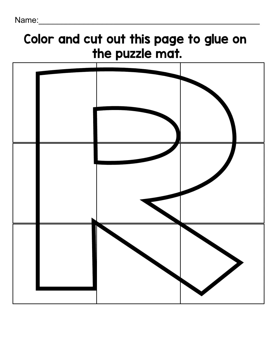 Uppercase R puzzle cutting sheet with nine pieces to color, cut out, and glue onto the matching letter mat