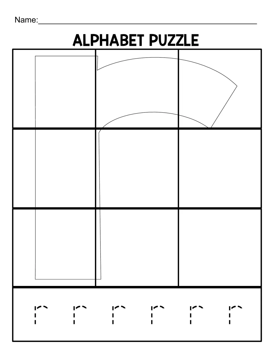 Lowercase r puzzle mat for matching nine cut-out pieces, with six dotted lowercase r letters to trace below