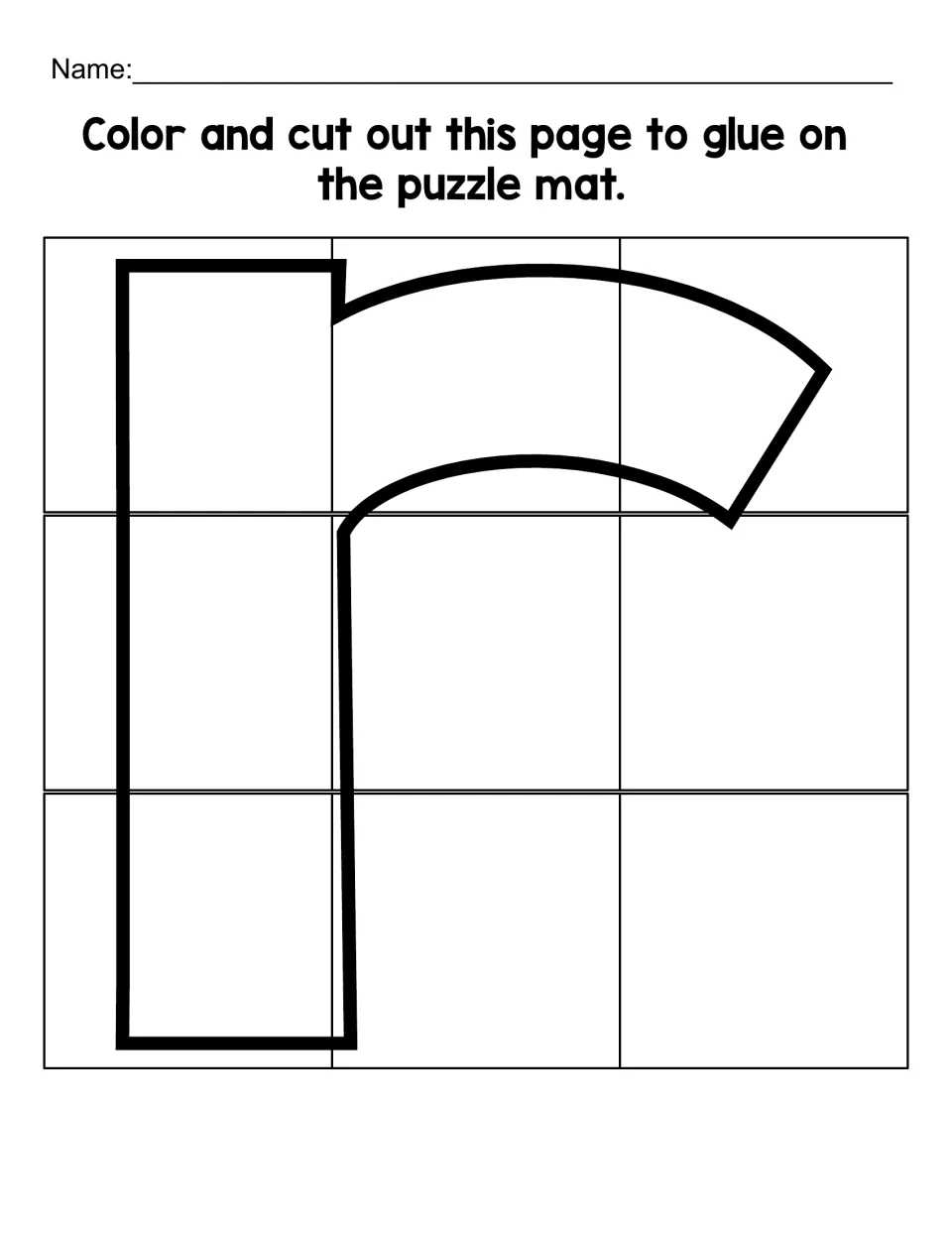 Lowercase r puzzle cutting sheet with nine pieces to color, cut out, and glue onto the matching letter mat