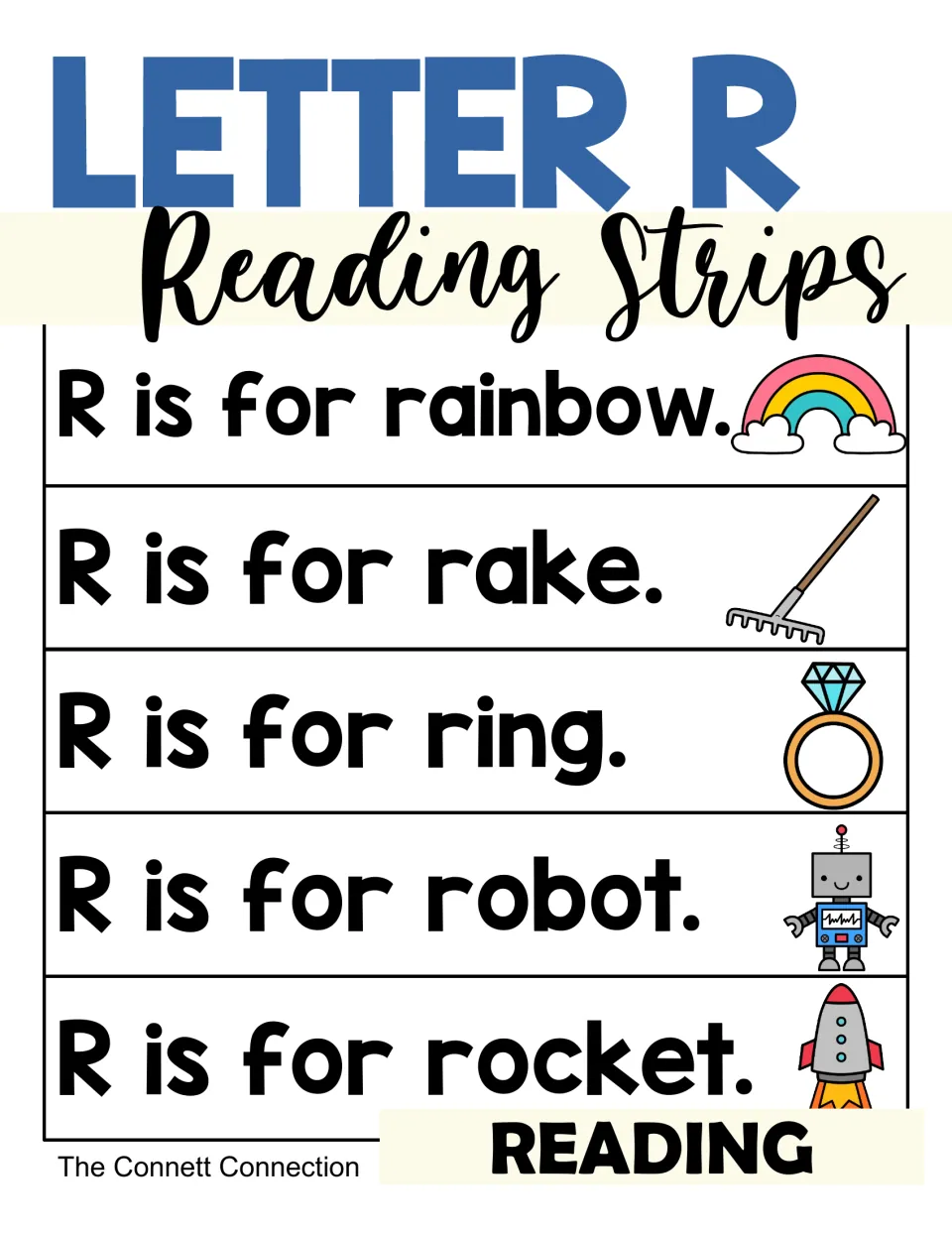 Letter R Reading Strips cover showing five picture-supported sentences: R is for rainbow, rake, ring, robot and rocket