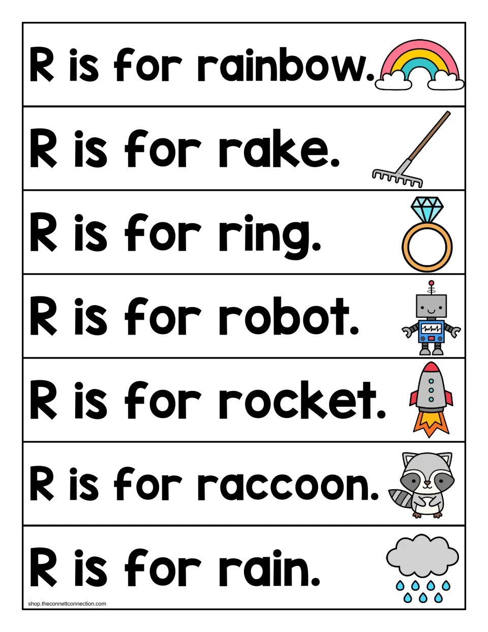R sentence strips: children read 'R is for' with a picture of a rainbow, rake, ring, robot, rocket, raccoon and rain