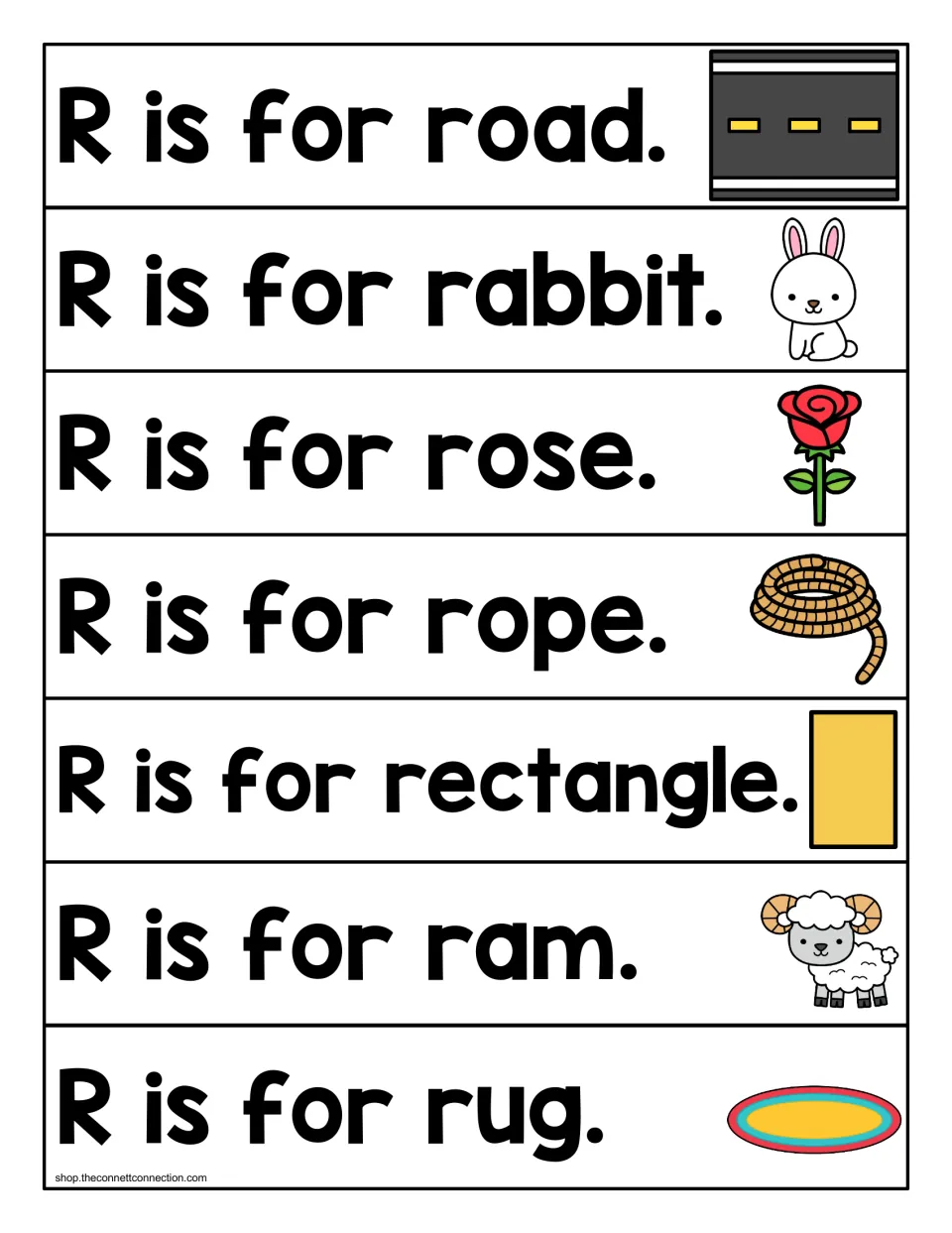 Initial r sound strips: children read 'R is for' sentences pictured with a road, rabbit, rose, rope, rectangle, ram and rug