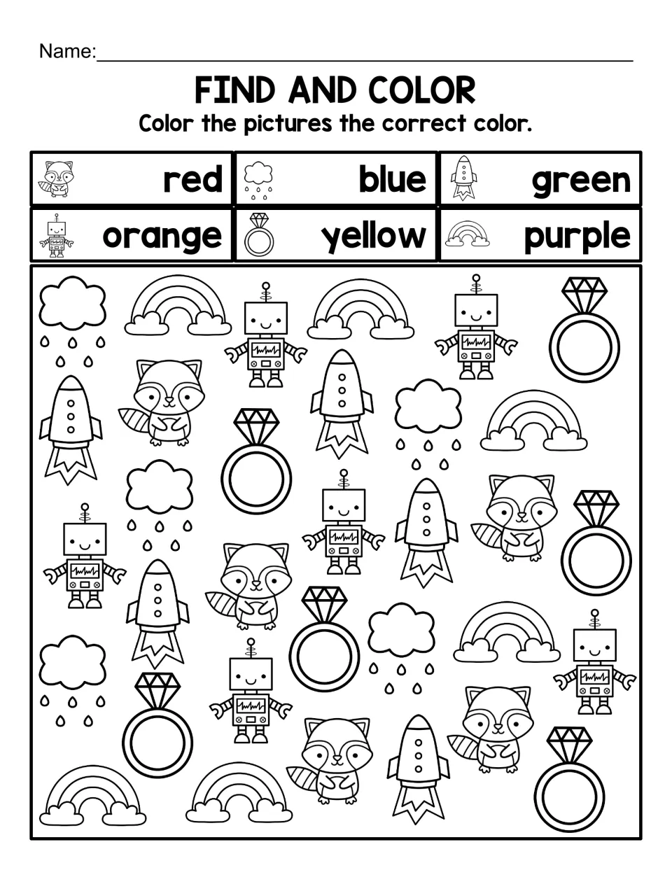 Find-and-color worksheet: color raccoons red, rain blue, rockets green, robots orange, rings yellow and rainbows purple