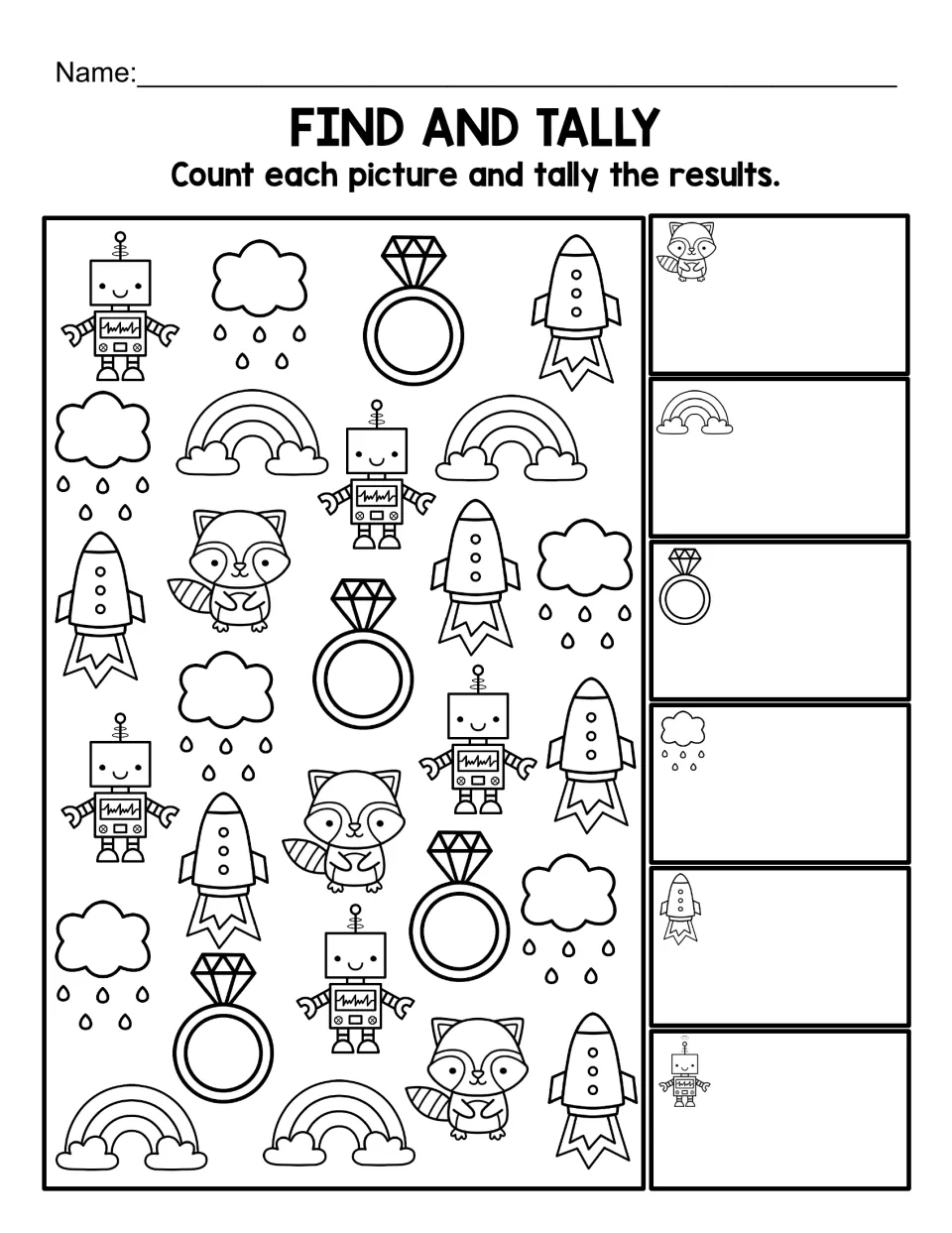 Black-and-white find-and-tally worksheet: count raccoons, rainbows, rings, rain clouds, rockets and robots