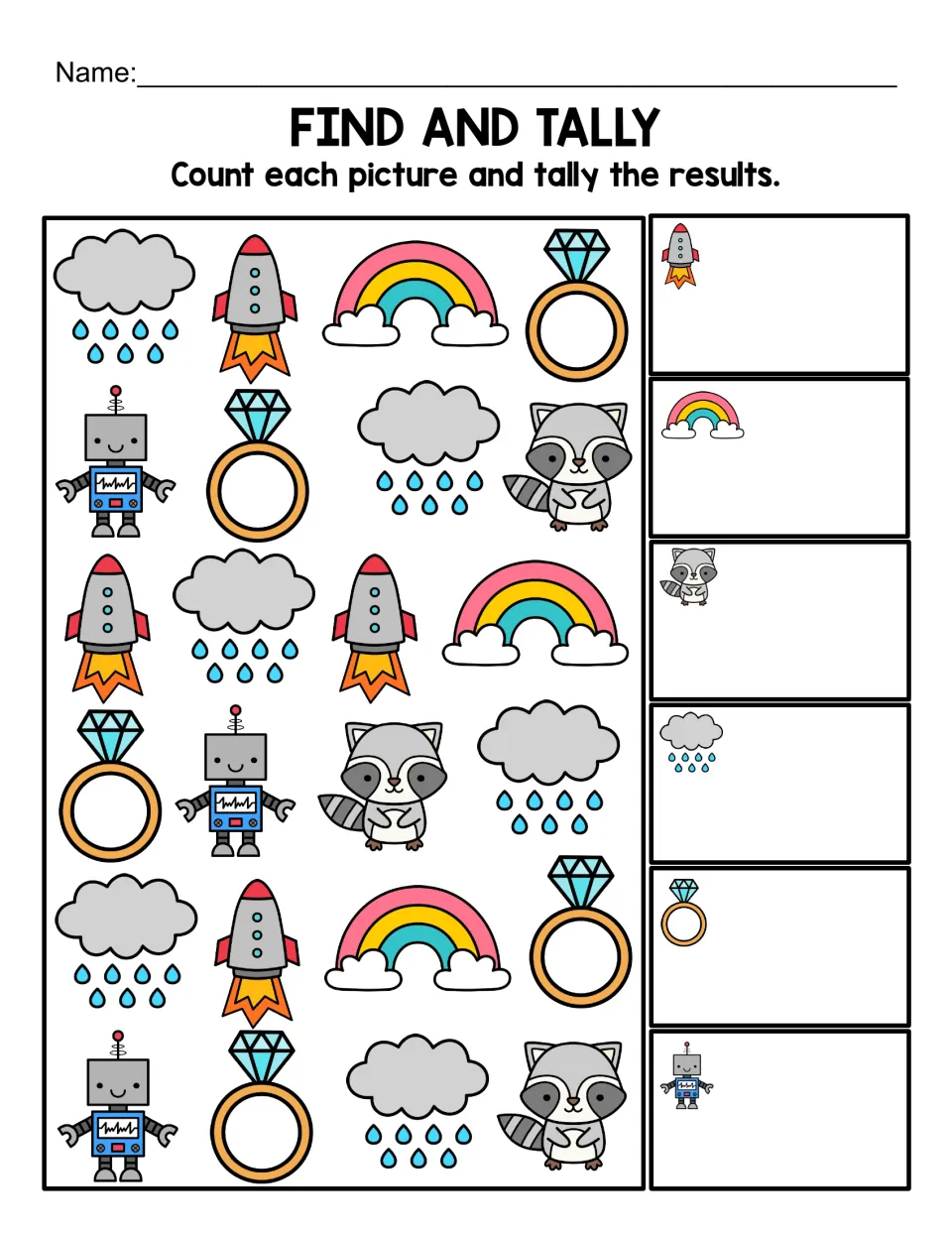 Color find-and-tally worksheet: count rockets, rainbows, raccoons, rain clouds, rings and robots
