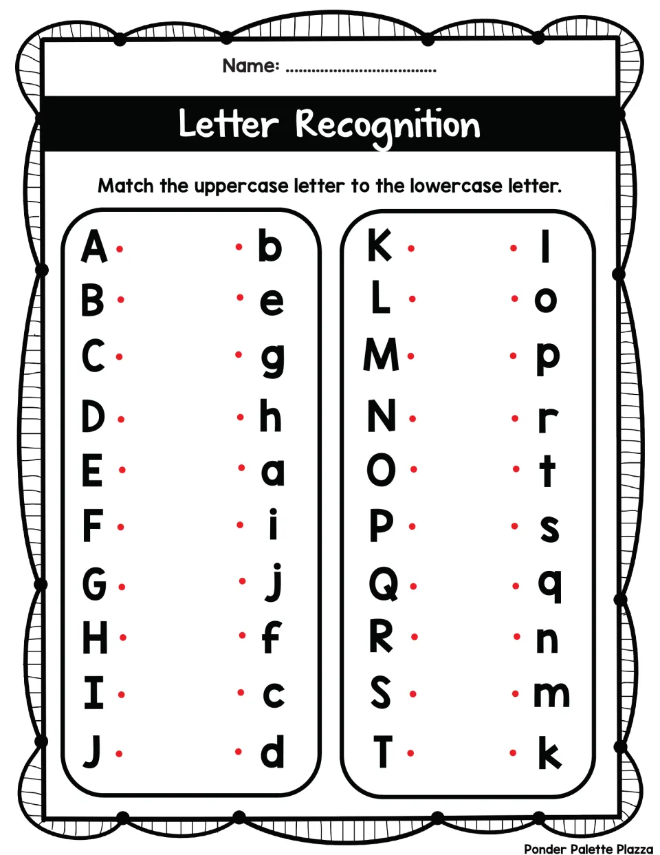Letter recognition, A to T: students draw lines from each uppercase letter to its mixed-up lowercase partner