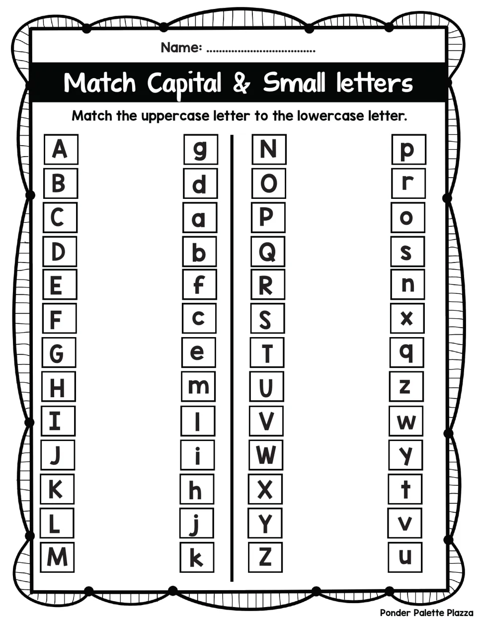 Capital and small letters, A to Z: students match all 26 uppercase letters to scrambled lowercase letters by drawing lines