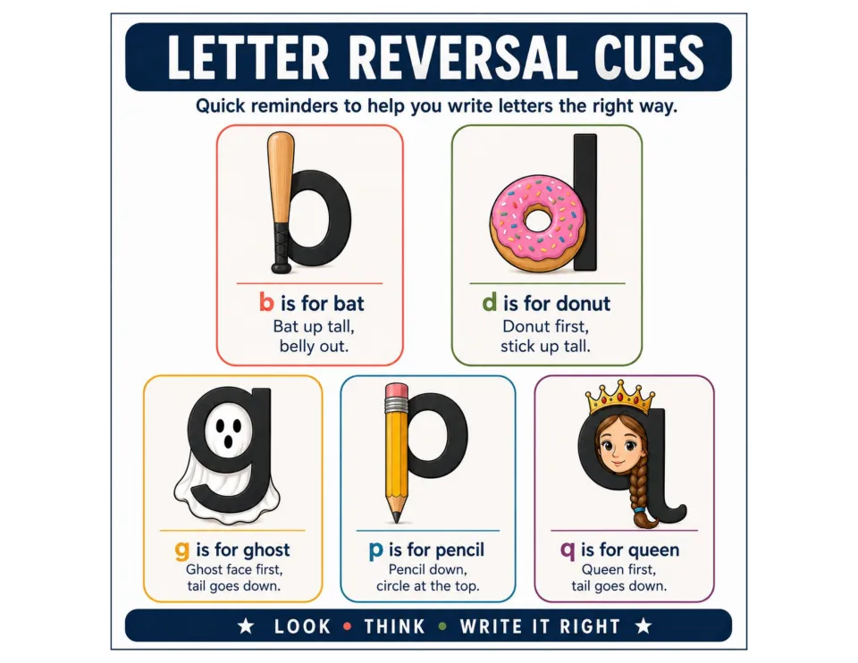Letter Reversal Cues poster: b bat, d donut, g ghost, p pencil and q queen picture cues, each with a short formation tip
