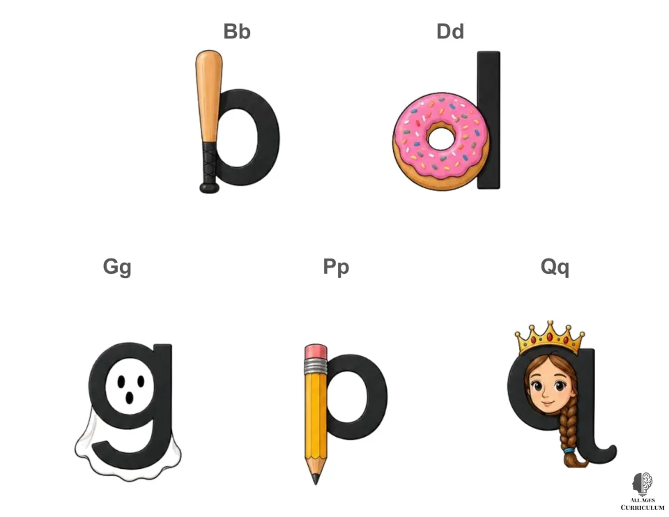 Picture cues for Bb, Dd, Gg, Pp and Qq: each lowercase letter drawn with its bat, donut, ghost, pencil or queen image